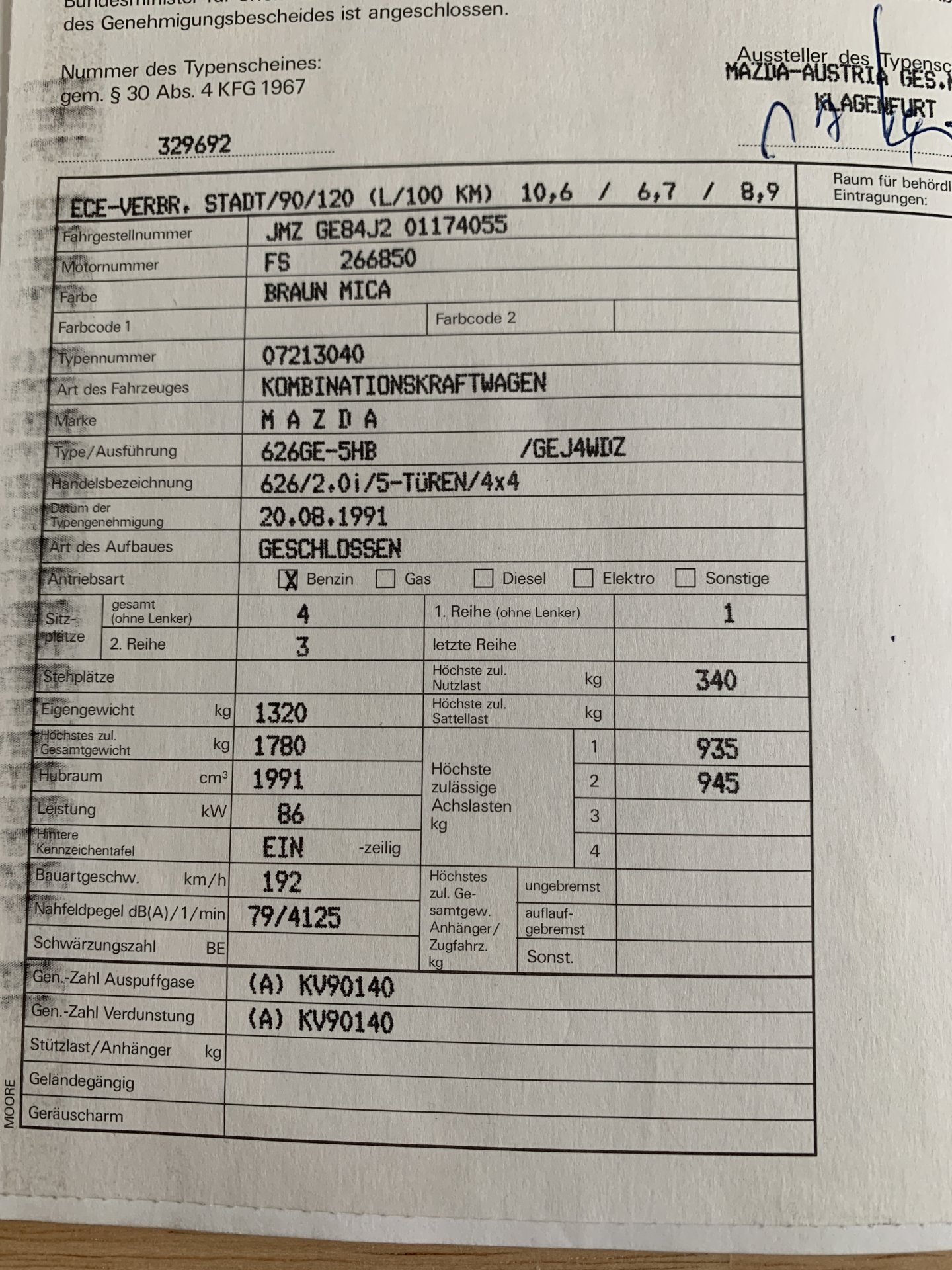 Mazda 626 GE 4WD Typenschein Österreich 1