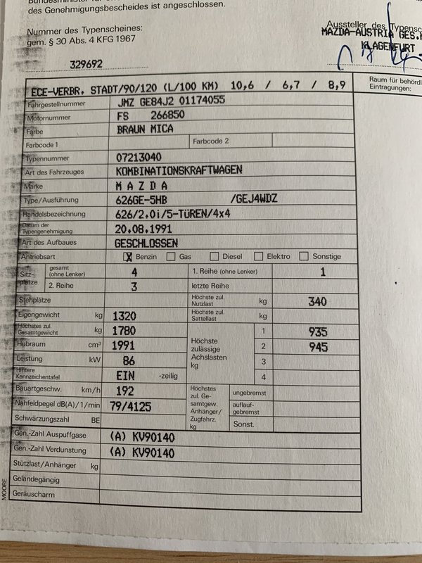 Mazda 626 GE 4WD Typenschein Österreich 1