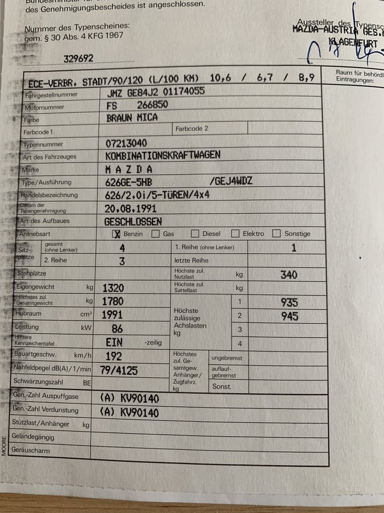 Mazda 626 GE 4WD Typenschein Österreich 1