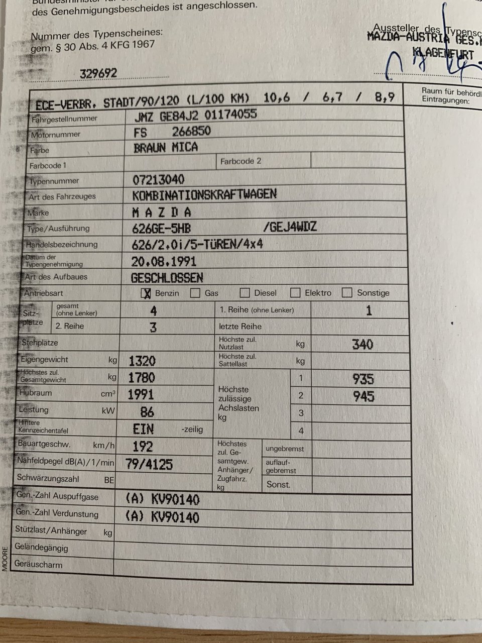 Mazda 626 GE 4WD Typenschein Österreich 1