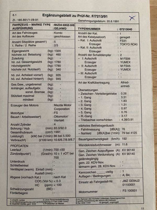 Mazda 626 GE 4WD Typenschein Österreich 3