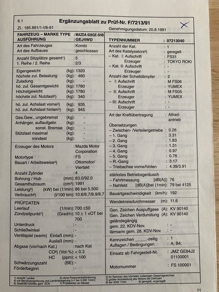 Mazda 626 GE 4WD Typenschein Österreich 3