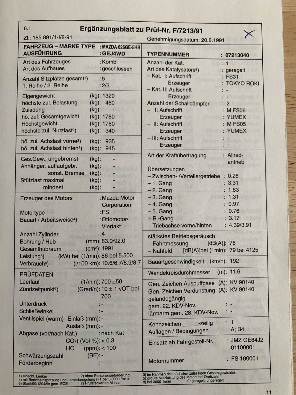 Mazda 626 GE 4WD Typenschein Österreich 3